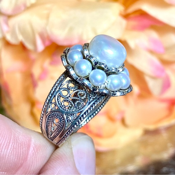 Vintage Estate Pearl Flower Cluster Ring ~ 925 Sterling Silver Antique Scroll - Picture 13 of 15